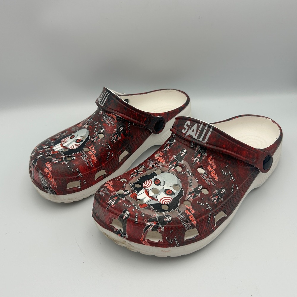 Saw Horror Movie Billy the Puppet Red Splatter Slasher Halloween Clogs 39 8.5